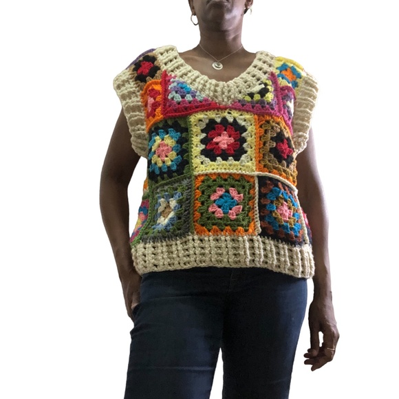 Multicolor Patchwork Oversized Chunky Crochet Pullover Sweater Vest - Picture 11 of 15